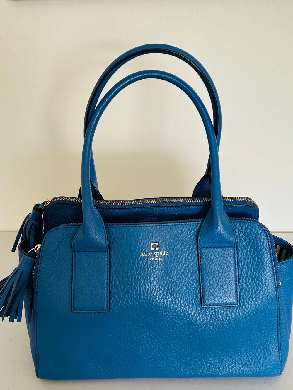 kate spade Teal Blue Pebbled Leather Satchel with Tassel